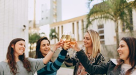 A photo of four beautiful foreign women clinking their glasses of champagne